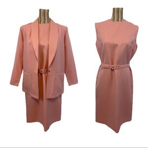 Vintage pink 3 pc dress, jacket, & belt set size 14 shoulder pads